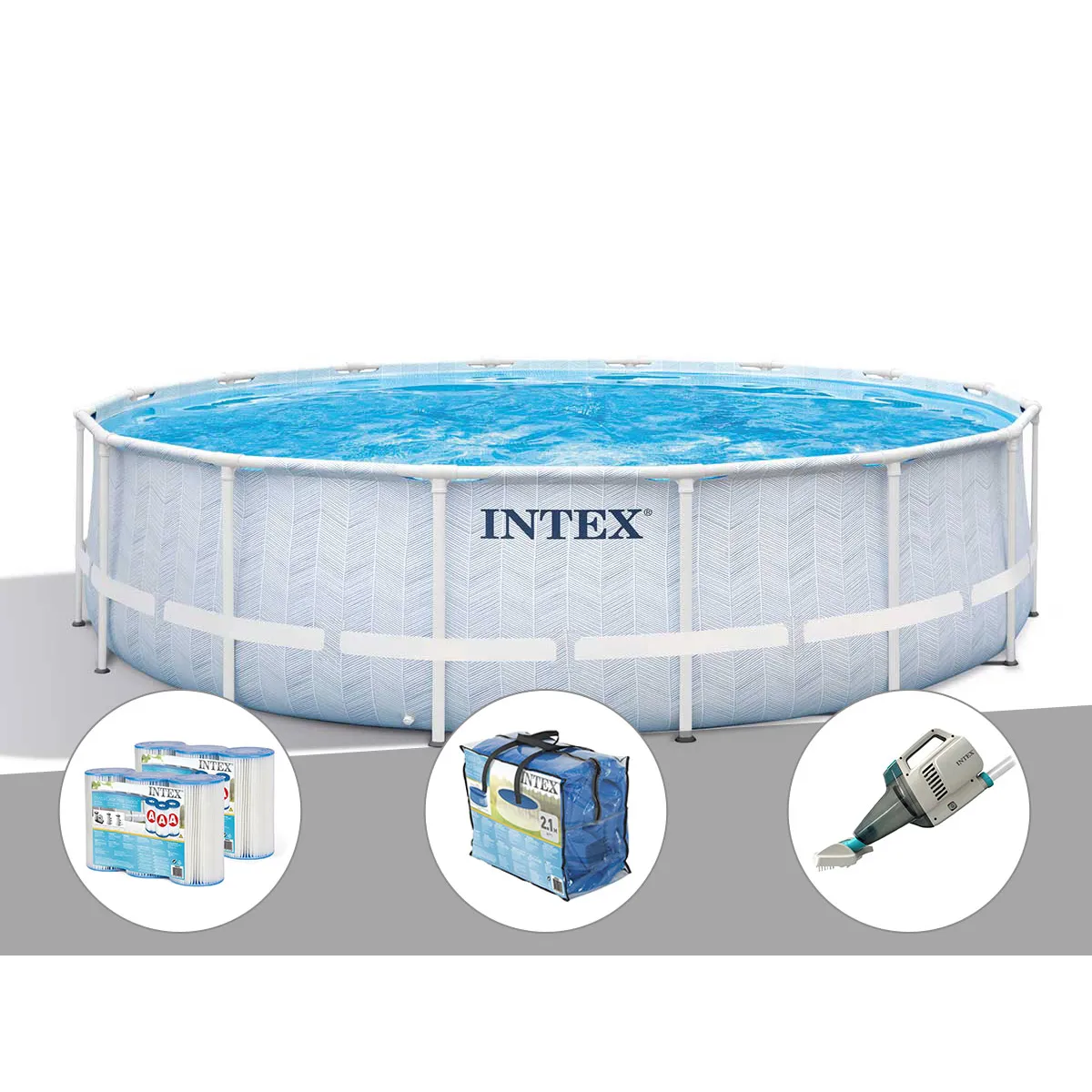 Intex Kit piscine tubulaire Chevron ronde 488 x 122 m + 6 cartouches de filtration + Bâche à bulles + Aspirateur