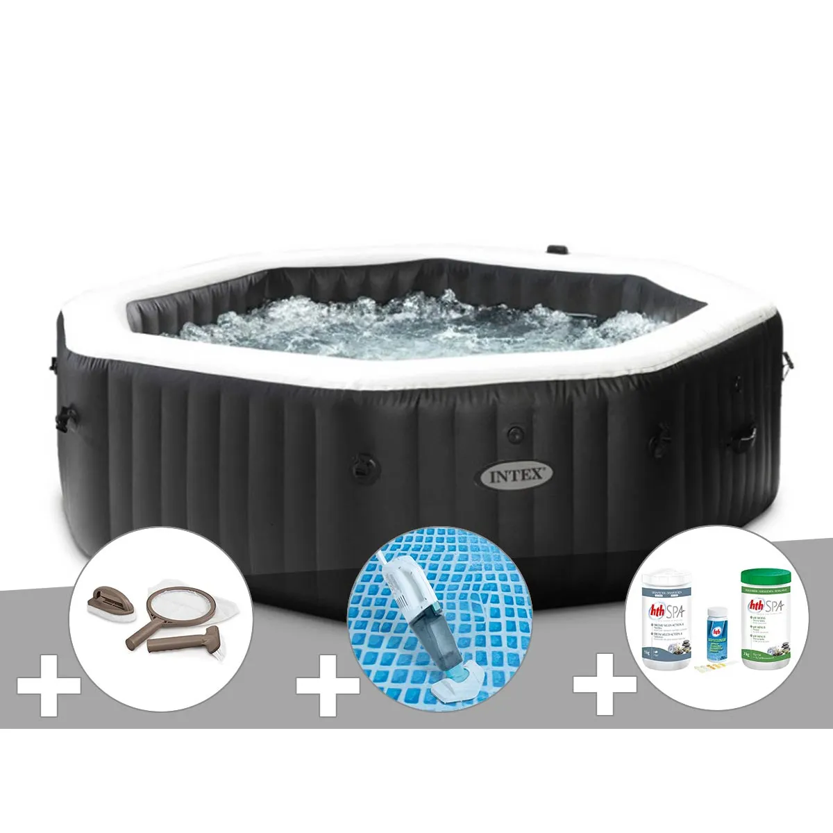 Kit spa gonflable Intex PureSpa Carbone octogonal Bulles et Jets 6 places + Kit traitement brome + Aspirateur + Kit d'entretien