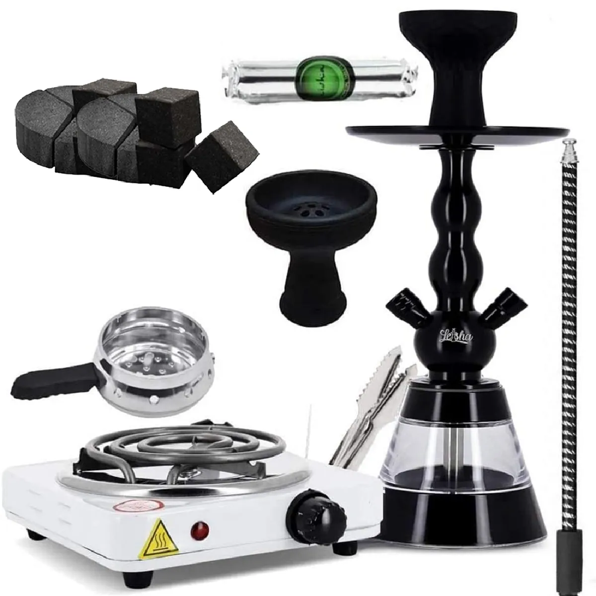 GENERIQUE Pack Chicha Alu 913 BK + Chauffe Charbon + Allume Charbon + Tuyau et Manche Marrakech + Foyer Silicone Vortex + Charbon au Coco