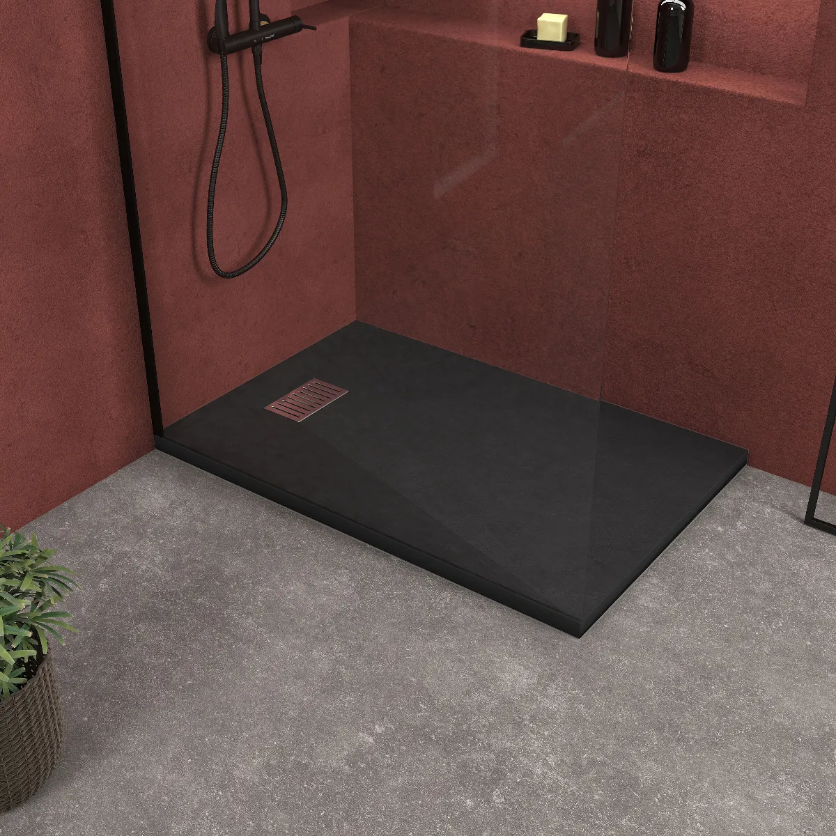 AURLANE Pack Receveur Noir Effet Pierre 140x90 cm et Grille décor Linéaire en Inox - PACK ROCK 2