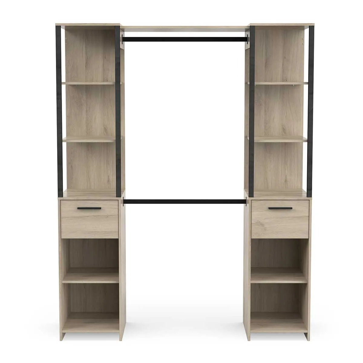 Armoire dressing 2 colonnes 2 tiroirs couleur chêne / noir mat - Largeur 159,8 x Profondeur 49,5 x Hauteur 200,3 cm
