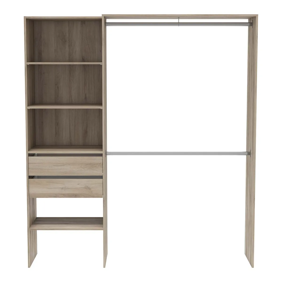 Armoire dressing avec 2 penderies, 4 étagères et 2 tiroirs couleur chêne - Largeur 184,5 x Profondeur 44,1 x Hauteur 204,5 cm