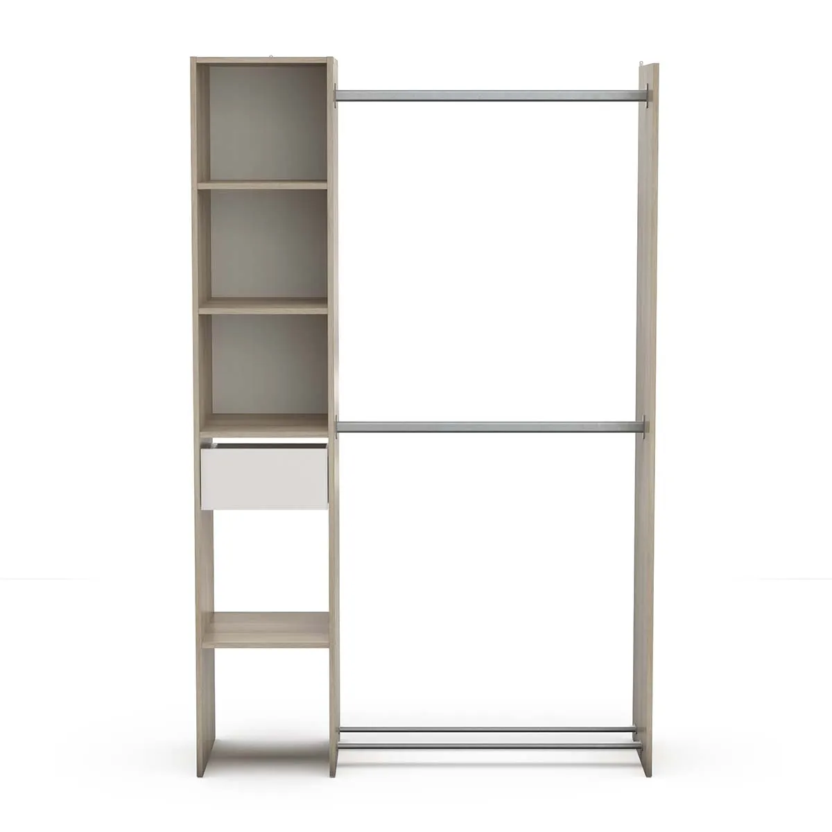 Armoire dressing avec 2 penderies, 4 étagères et 1 tiroir couleur chêne - Largeur 118 x Profondeur 39,5 x Hauteur 183 cm