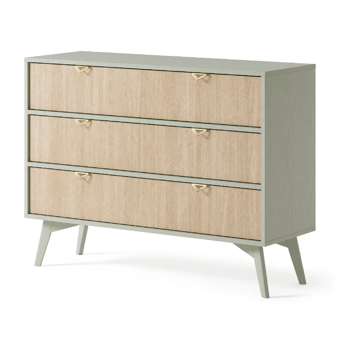 Commode : 3 Tiroirs, Eucalyptus / Chevrons scandi, Pieds Bois, 106 x 80 x 38cm