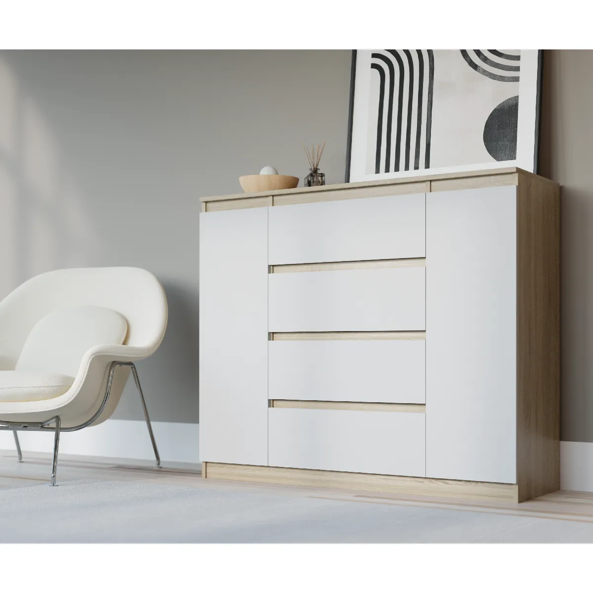 3XELIVING Commode : Chêne Sonoma / Blanc Mat, 120 x 39 x 101 cm, 2 ...