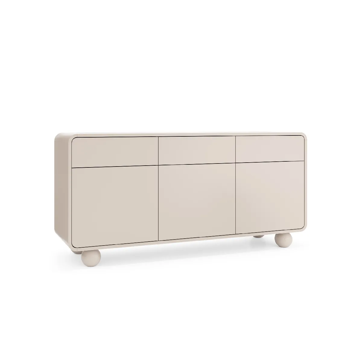 Buffet en cachemire avec trois armoires et trois tiroirs – Design moderne, pieds boule, 160 x 75 x 39 cm