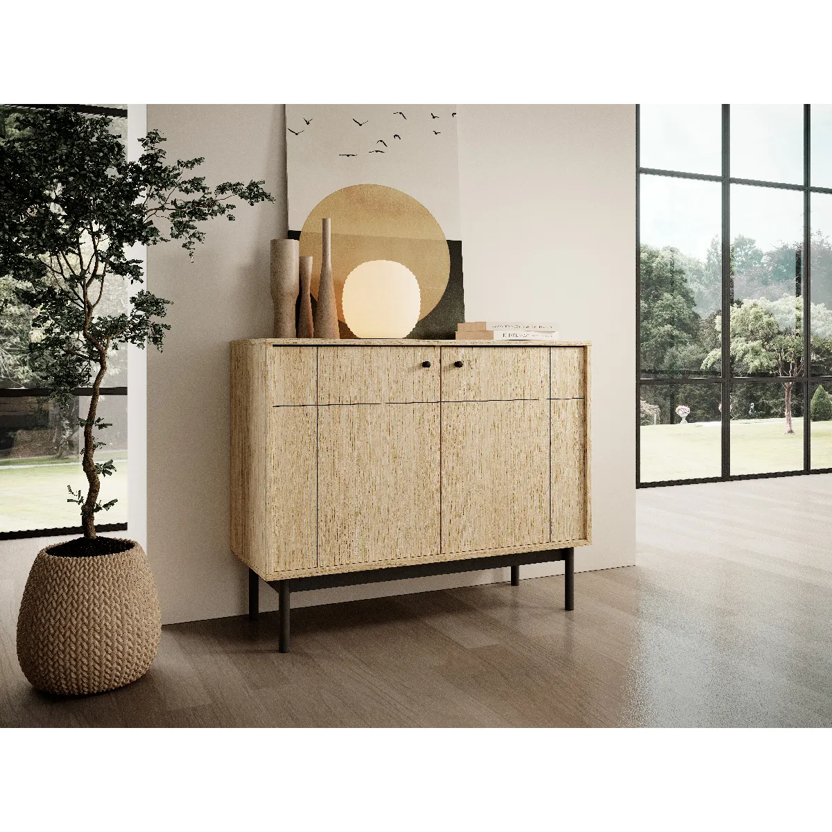 3XELIVING Commode : Chêne Linea, Pieds Noir, 103,5 x 83,5 x 39 cm ...