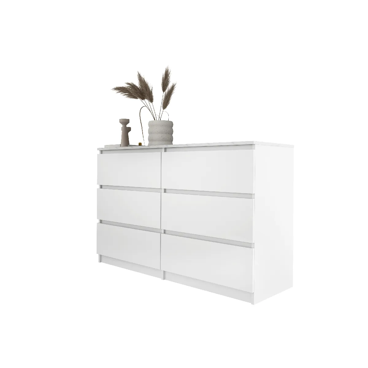 Commode 6 Tiroirs : Blanc Mat / Blanc marbre TOP, 120 x 78,5 x 39 cm