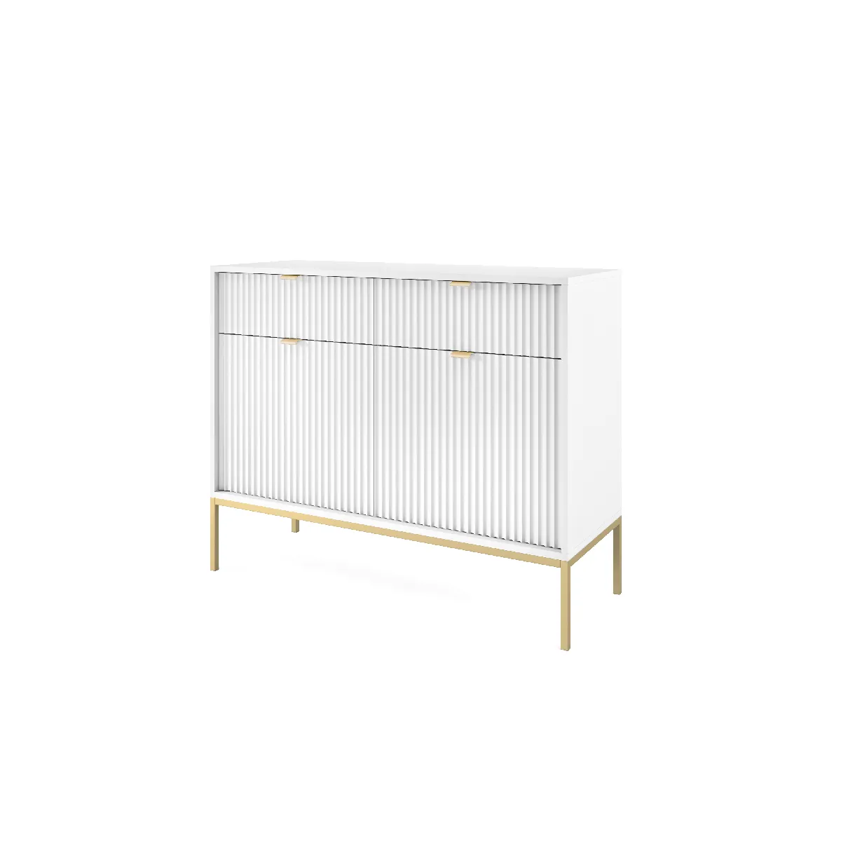 Commode : 2 Tiroirs, 2 Portes, Blanc, or, 104 x 83 x 39 cm, poignées dorées