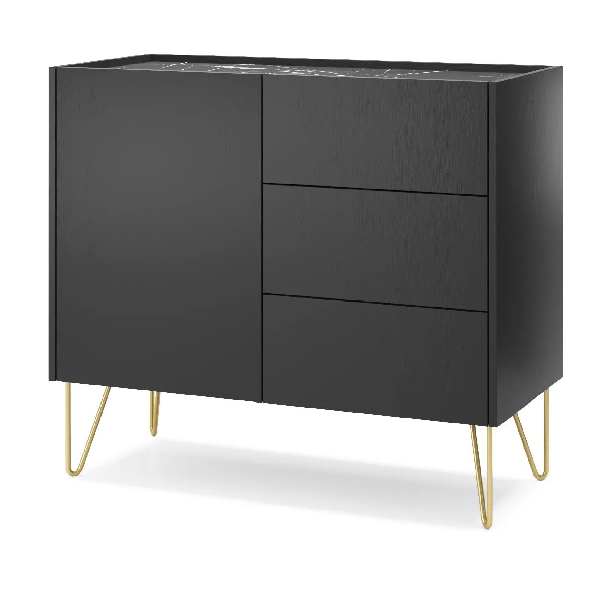 Commode : 3 tiroirs, 1 porte, 2 étagères, noir graphite / marbre noir, 97 x 83 x 37 cm