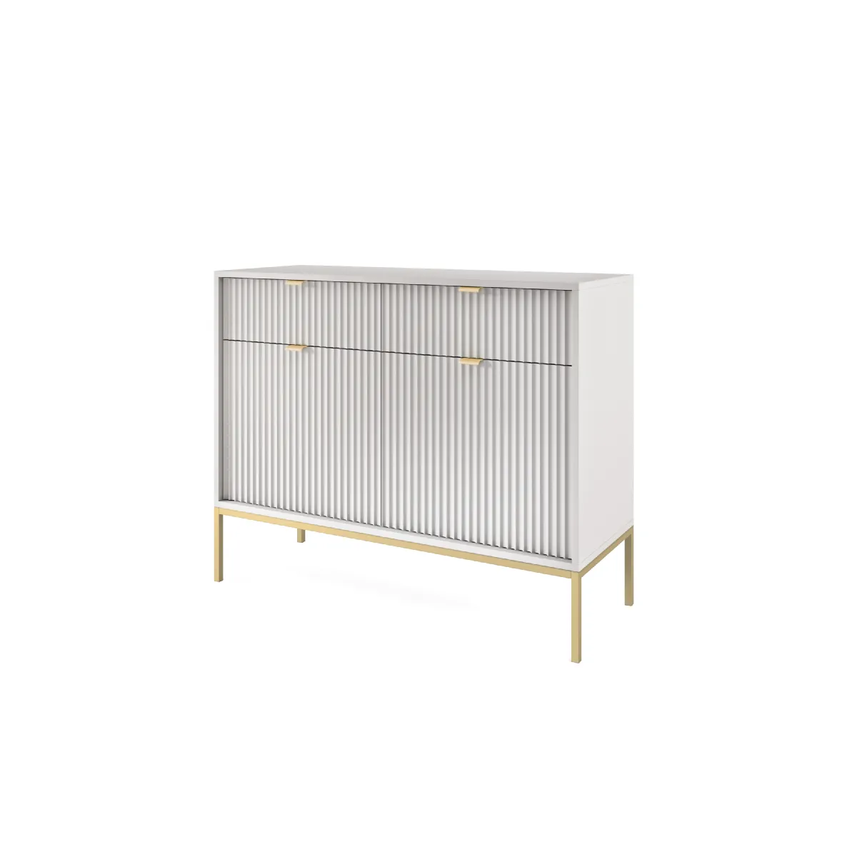 Commode : 2 Tiroirs, 2 Portes, Gris, or, 104 x 83 x 39 cm, poignées dorées