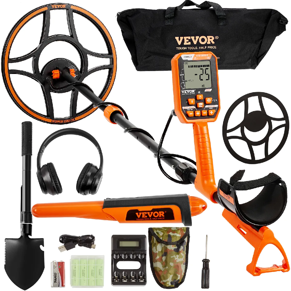 VEVOR Détecteur Métaux Professionnel Étanche Rechargeable Recherche d'Or 30,5 cm