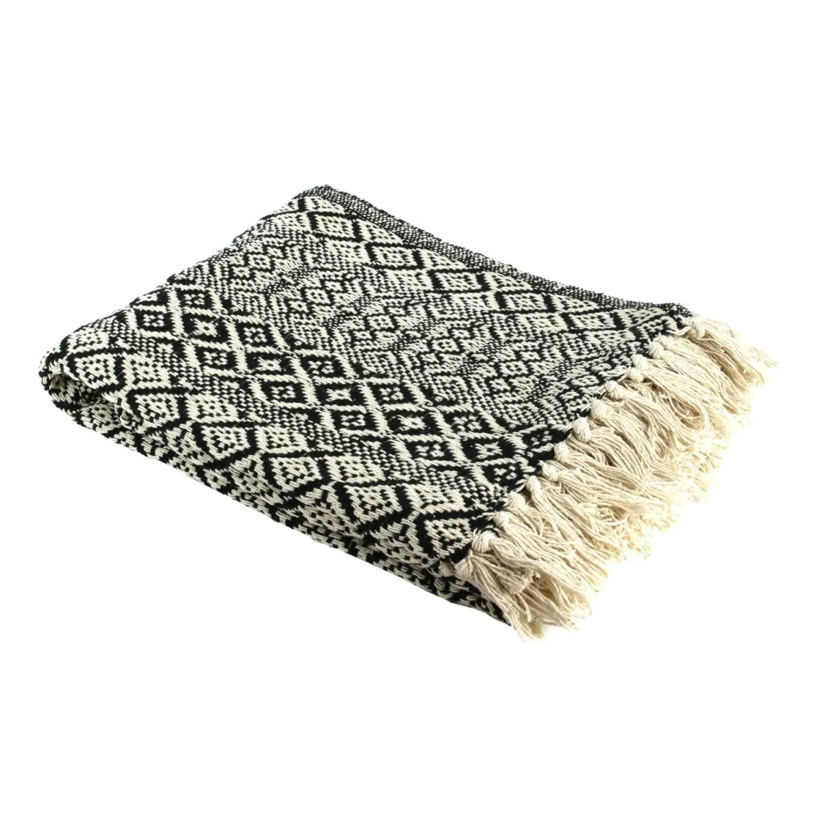 THE HOME DECO FACTORY Plaid D&eacute;co &agrave; Franges Ethnick 120x150cm &Eacute;cru