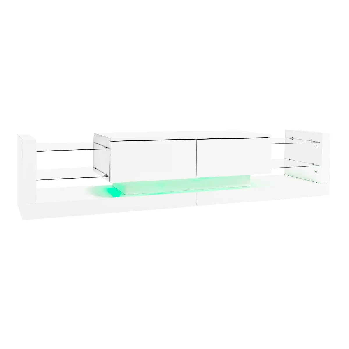 Meuble TV - Design Moderne - Éclairage LED - 181 cm - Blanc Brillant - Tiroirs Pliants