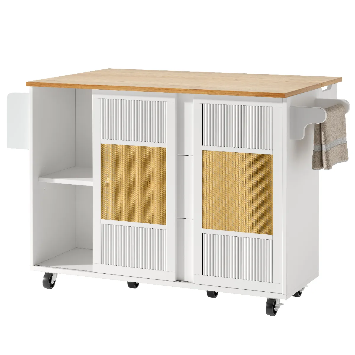 Desserte de Cuisine - Îlot Pliable - 6 Roulettes 360° - Grand Rangement - Rotin Blanc