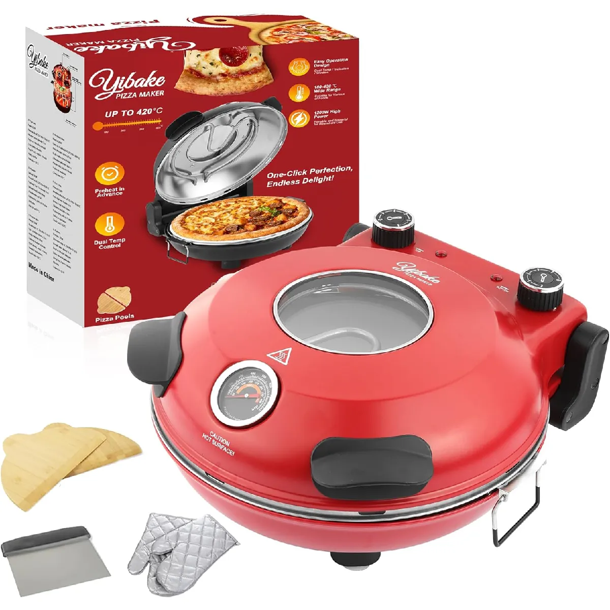 VENDOS85 Four &Agrave; Pizza &Eacute;lectrique 420&deg;c Avec Pierre C&eacute;ramique 12"" Rouge