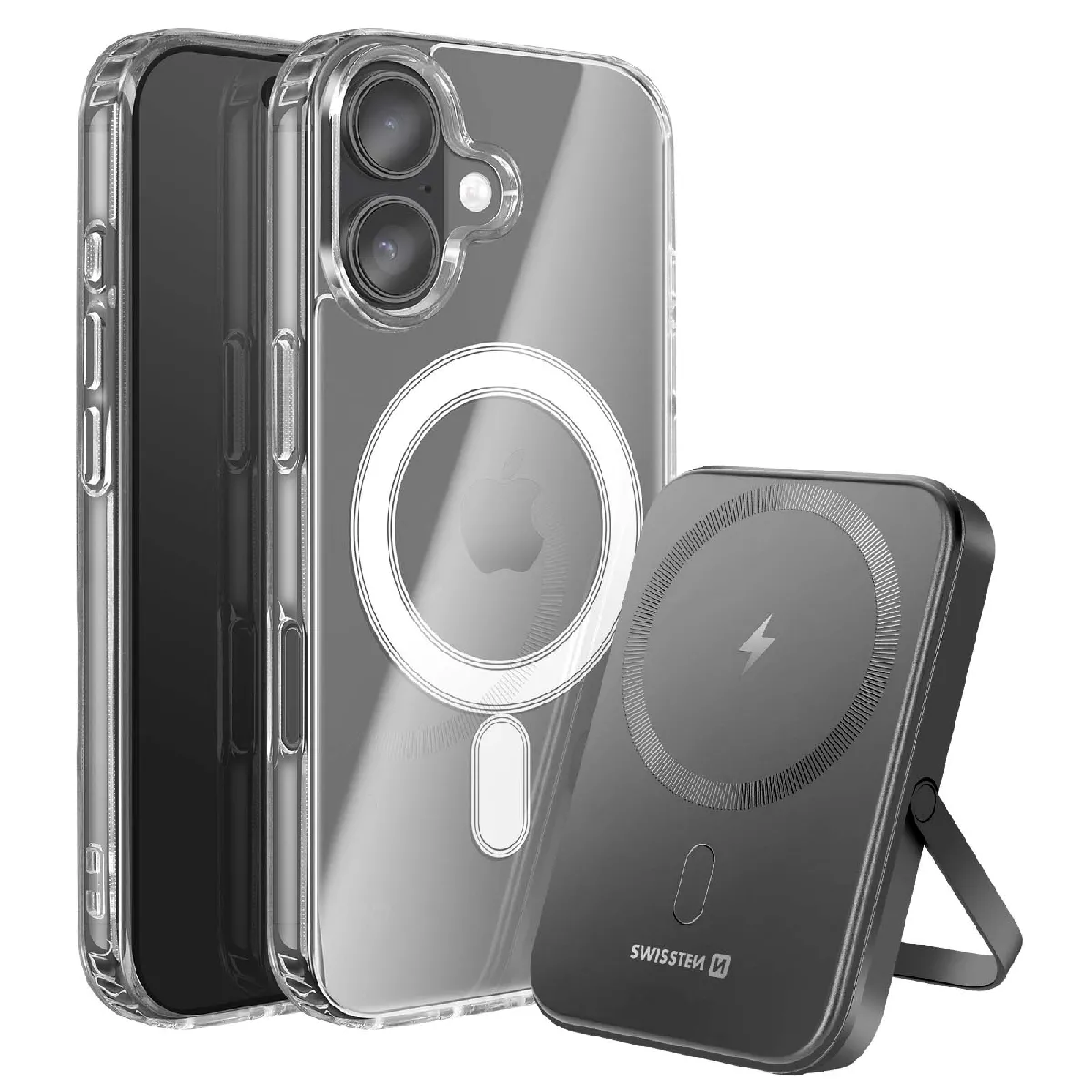 SWISSTEN Pack MagSafe iPhone 17 avec Coque Bi-mati&egrave;re et Powerbank 5000 mAh Transparent