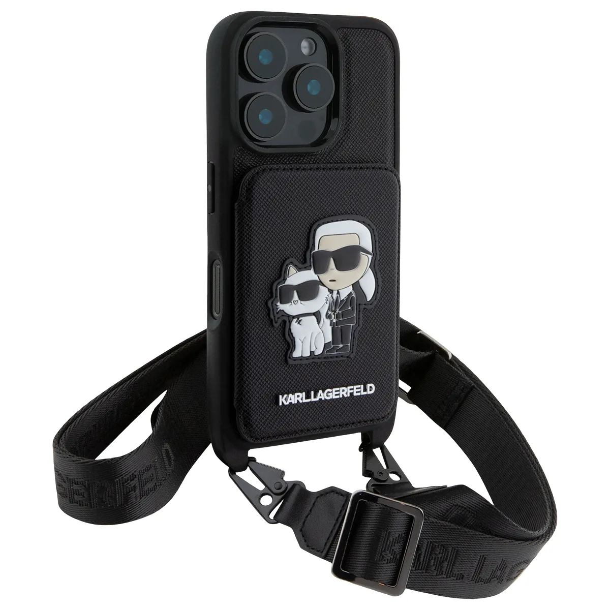Karl Lagerfeld Noir Coque Pour Iphone 16 Pro Avec Bandoulière Et Porte-Cartes Élégant