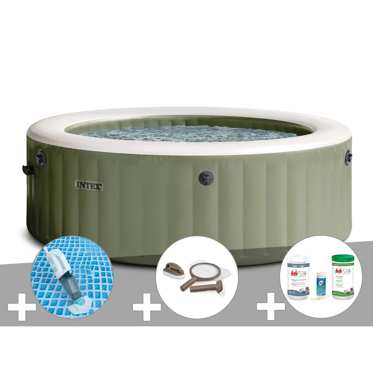 Kit spa gonflable Intex PureSpa Olive rond Bulles 8 places + Aspirateur + Kit d'entretien + Kit de traitement brome
