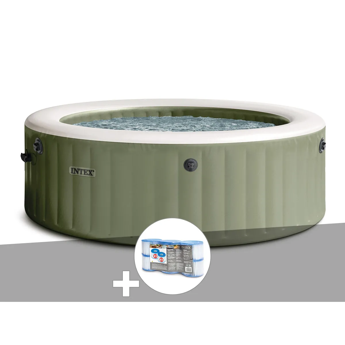 Intex Kit spa gonflable PureSpa Olive rond Bulles 4 places + 6 filtres Vert - vue 2