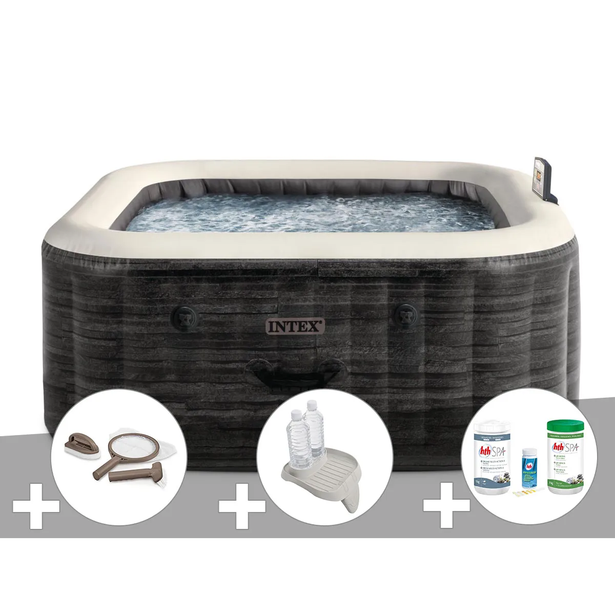Kit spa gonflable Intex PureSpa carré Bulles 4 places + Kit d'entretien + Porteverre + Kit de traitement brome - vue 2