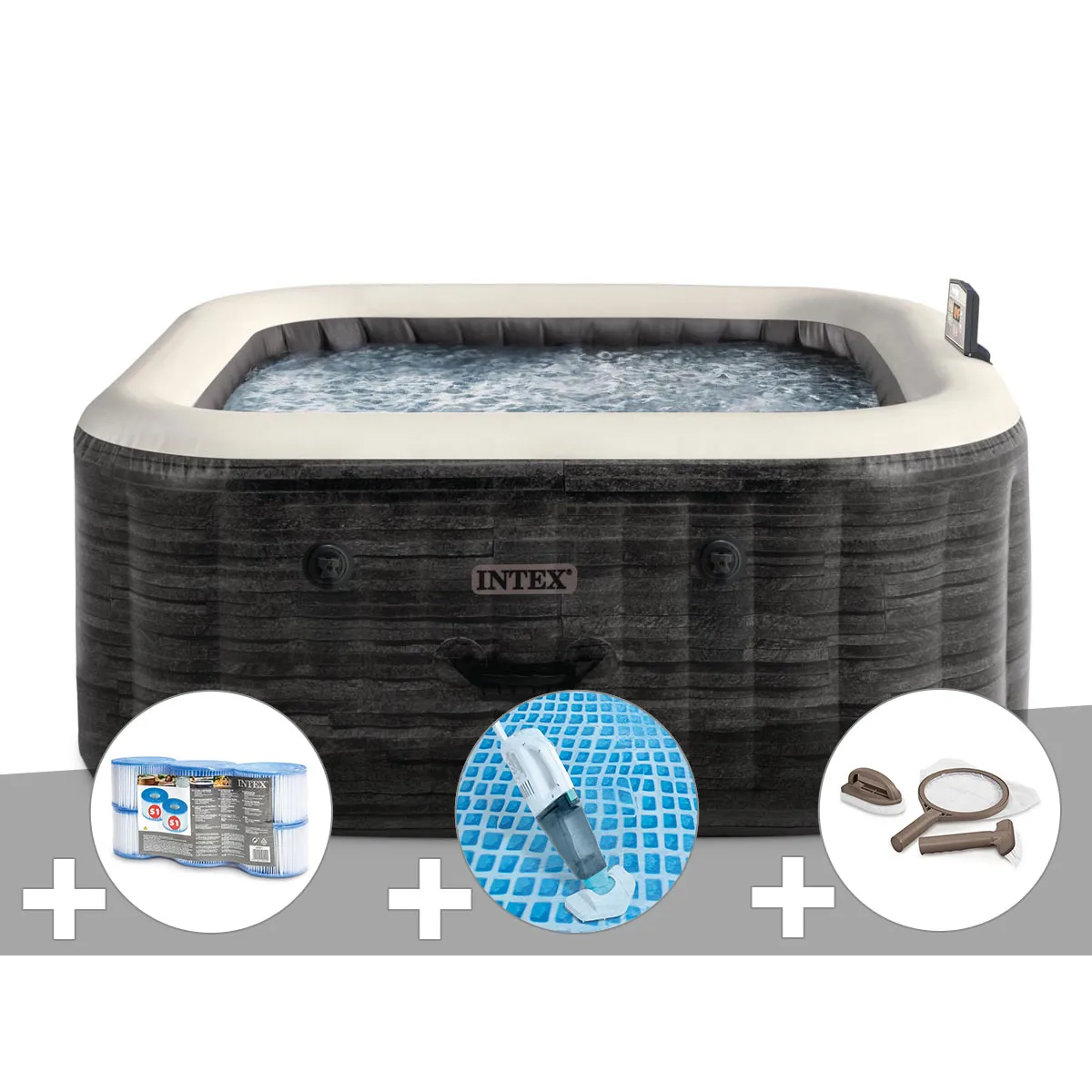 Kit spa gonflable Intex PureSpa carré Bulles 4 places + 6 filtres + Aspirateur + Kit d'entretien - vue 2
