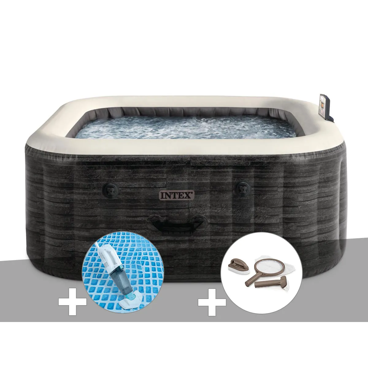 Kit spa gonflable Intex PureSpa Ardoise carré Bulles 4 places + Aspirateur + Kit d'entretien