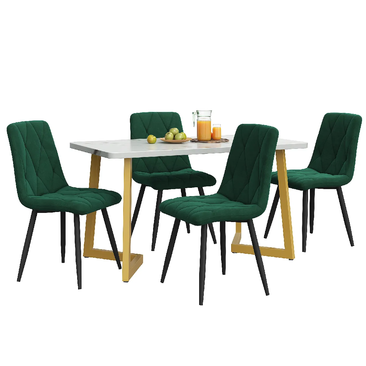 Ensemble de Table à Manger Moderne - Table de Cuisine 117x68 cm avec 4 Chaises Velours Vert Émeraude, Pieds Dorés - Pour 4