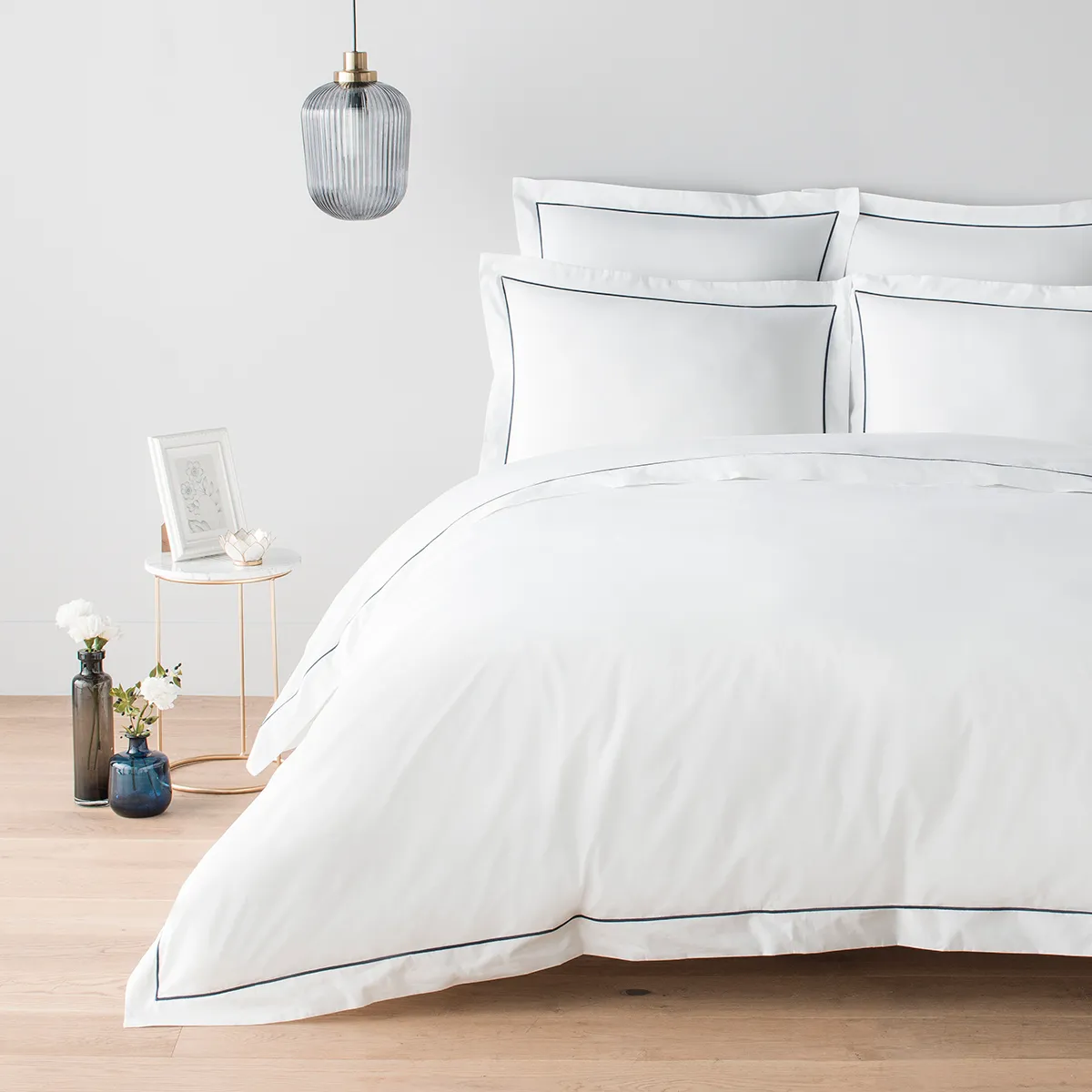 COTTON & CO Housse de couette en percale de coton 160 fils avec bourdon bleu