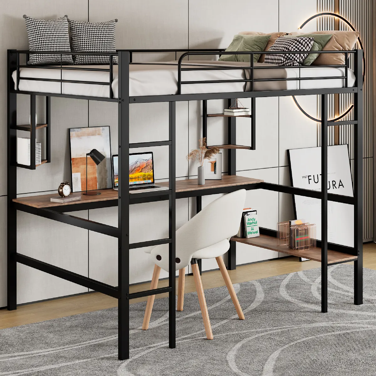 90x200cm cadre de lit métallique, lit en fer avec bureau, lit superposé avec quatre petites étagères et une grande bibliothèque pour enfants, adolescents et adultes, noir