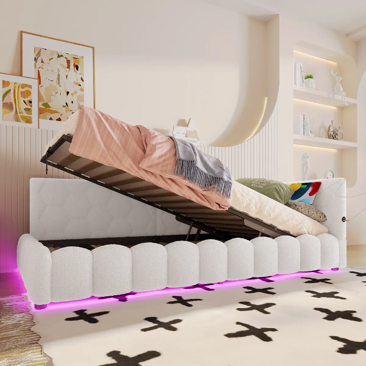 Daybed, 90*200cm lit de jour, canapé-lit, lit avec lattes, avec bande LED, avec mécanisme hydraulique, port USB, Type-C, matériau confort, simili-fourrure, blanc