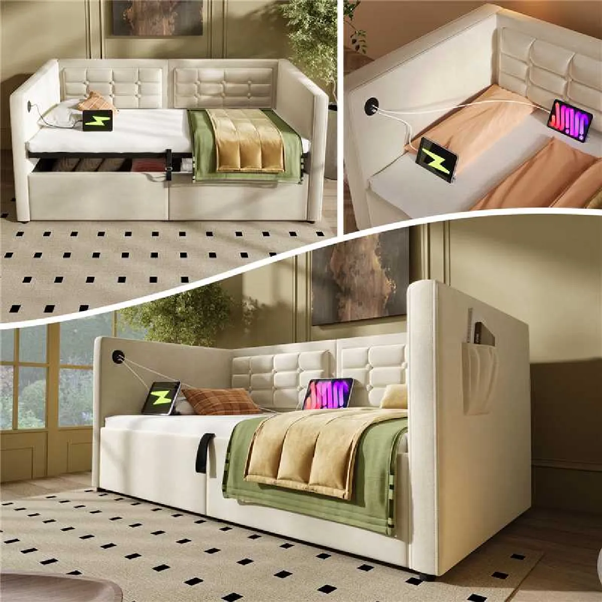Lit capitonné canapé-lit 90x200 cm, canapé-lit avec rangement hydraulique et station de charge USB et Type-C, cadre avec lattes bois, velours, beige