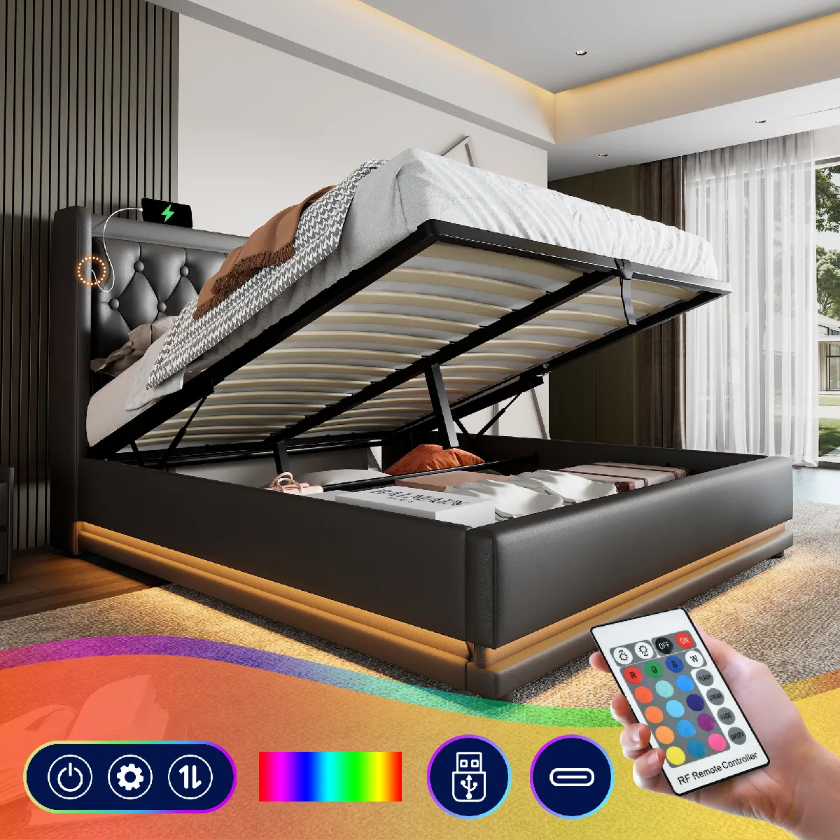 Lit capitonné double 160x200cm, PU noir, lit hydraulique avec rangement, tête USB-C, LED 3 côtés (sans matelas)