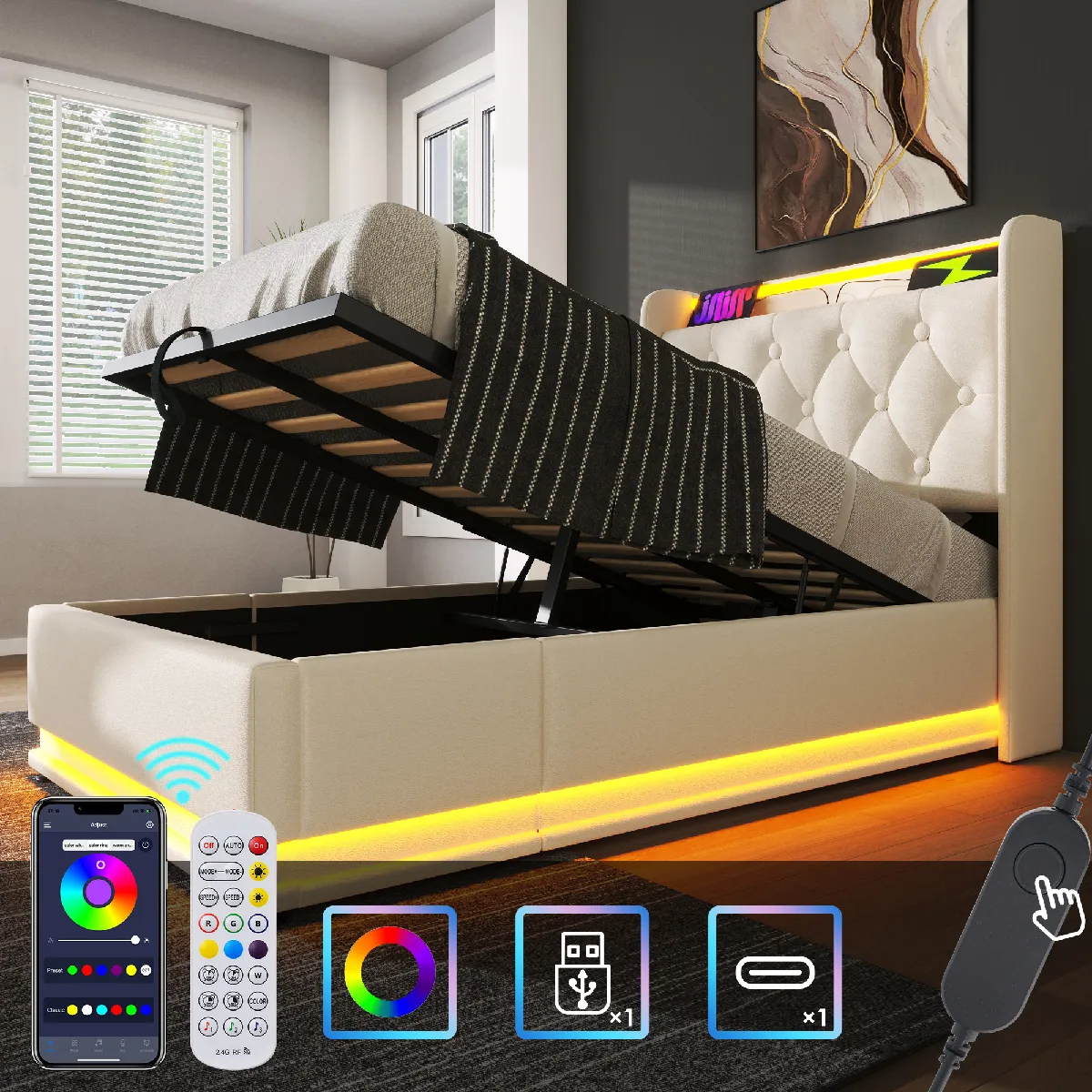 Lit capitonné simple, LED 360°, bouton/App/télécommande, 90x200cm, PU blanc, lit hydraulique, tête USB-C (sans matelas)