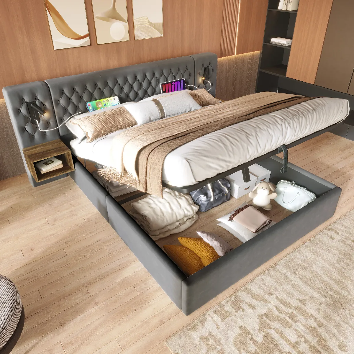 Ensemble chambre complet, lit capitonné hydraulique avec rangement double 180x200cm avec 2 tables de chevet, tête lumière de lecture USB, gris velours (sans matelas)