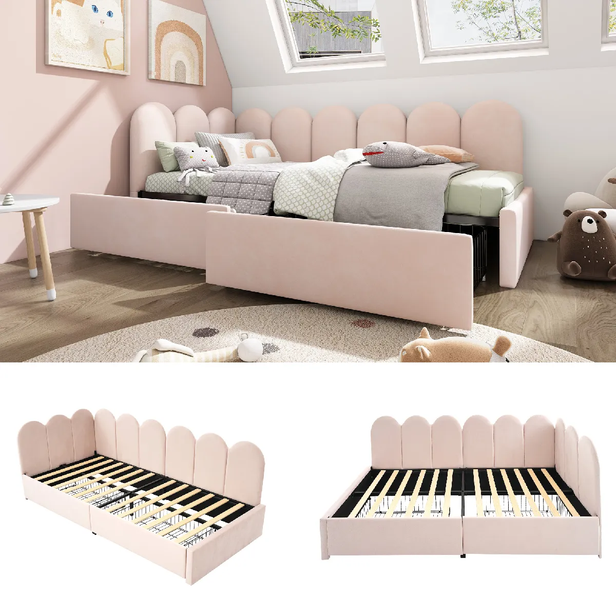 Lit capitonné simple avec tiroirs, lit avec rangement, velours daybed canapé-lit 90x200cm avec lattes, jeunesse et adulte, rose