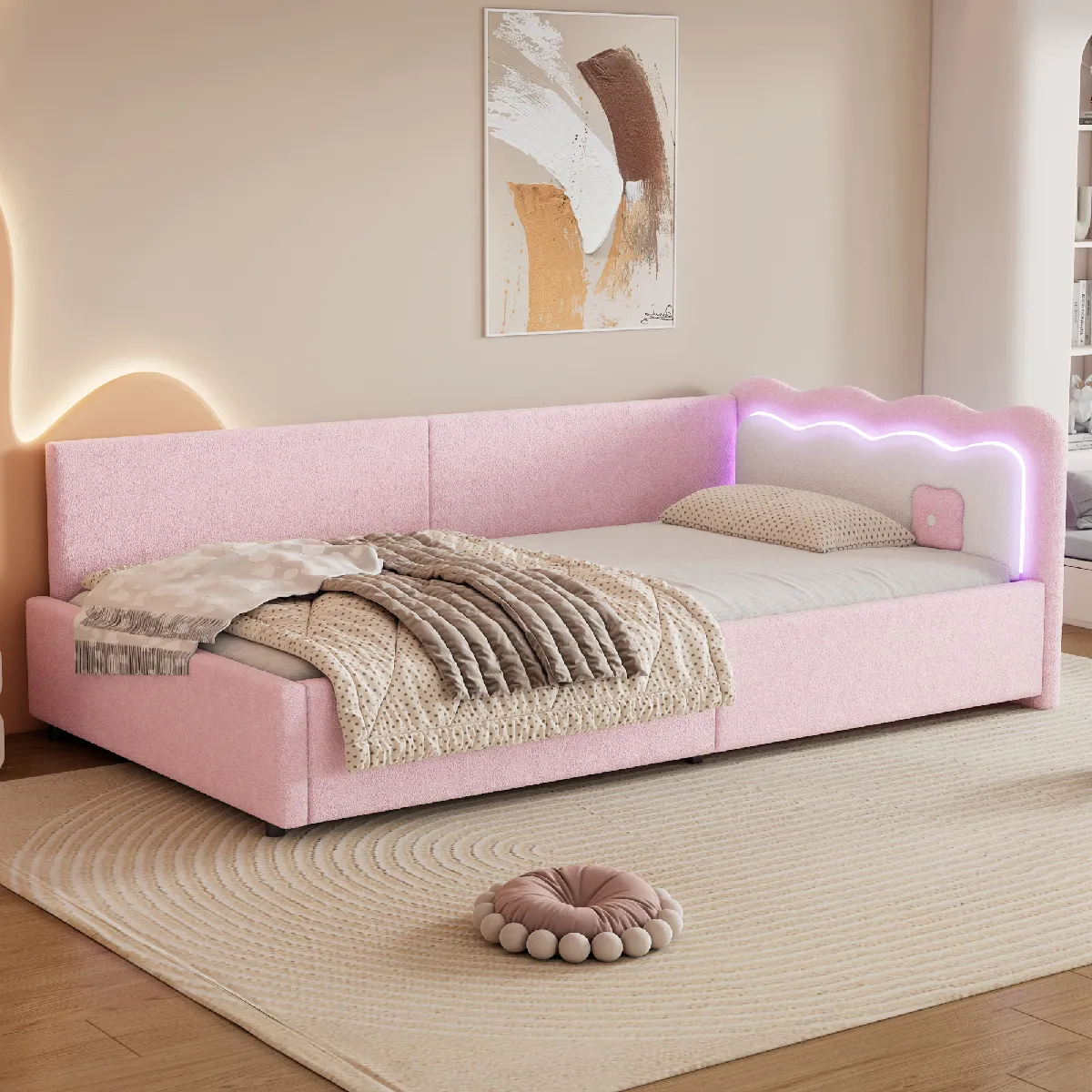 Daybed, lit de jour, canapé-lit, 90*200cm, LED ambiant avec télécommande, lit avec lattes, simili-fourrure, rose