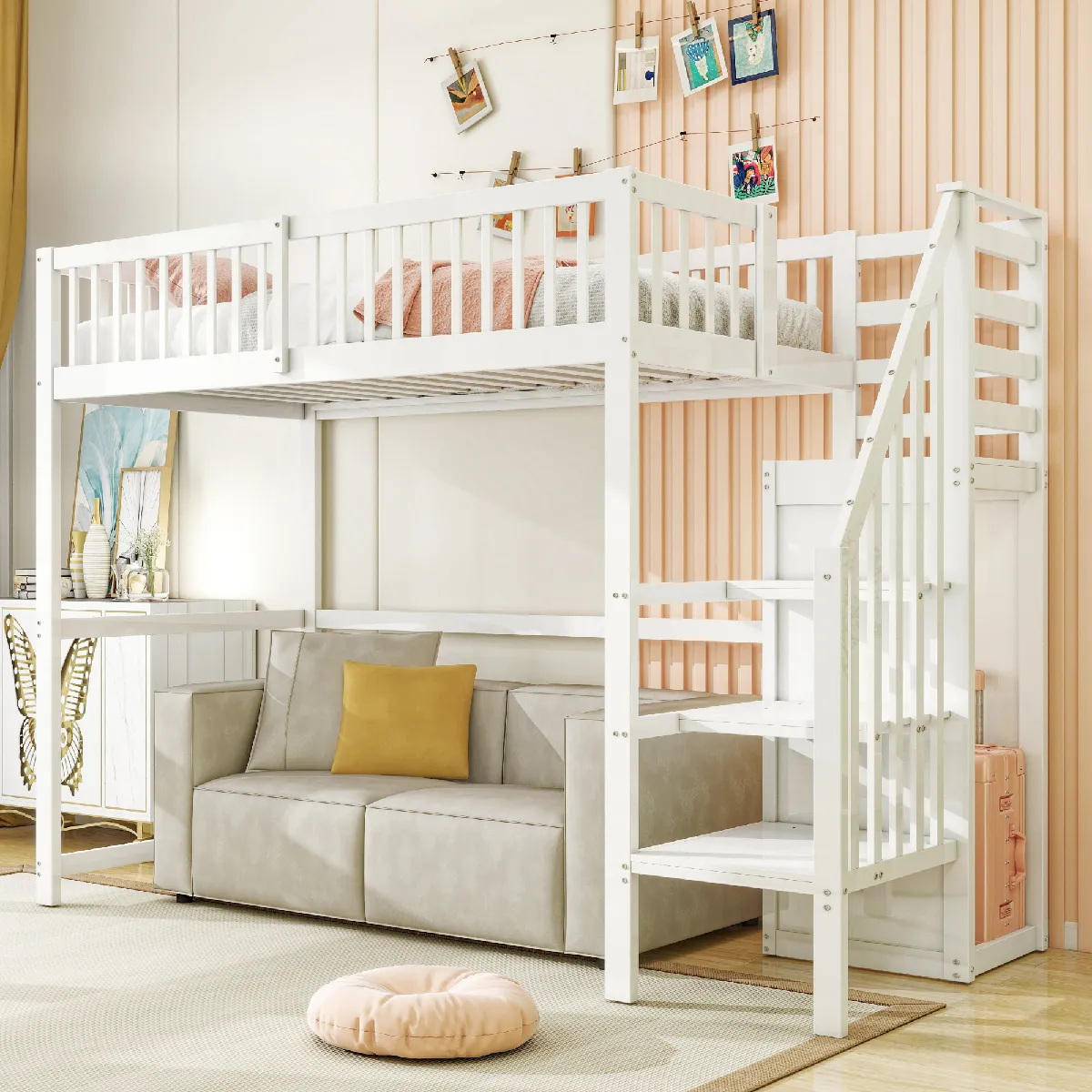 Lit superposé 90x200 avec escalier, lit enfant blanc en bois avec étagère de rangement, simple armoire