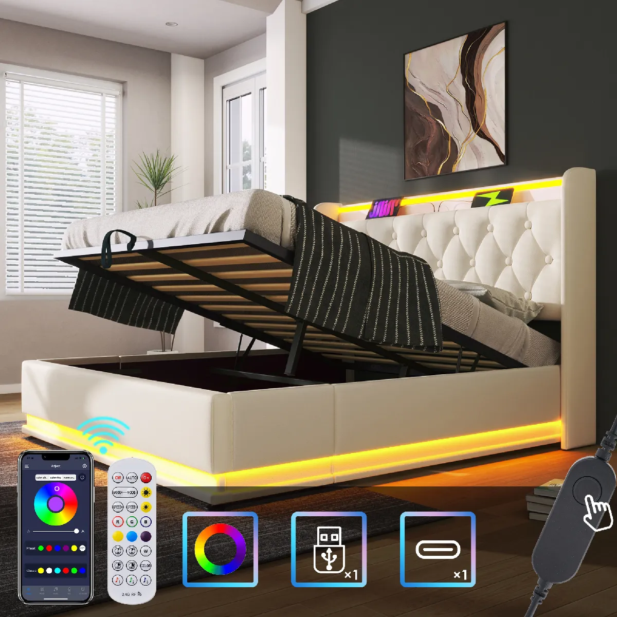 Lit capitonné double, LED 360°, bouton/App/télécommande, 140x200cm, PU blanc, lit hydraulique, tête USB-C (sans matelas)