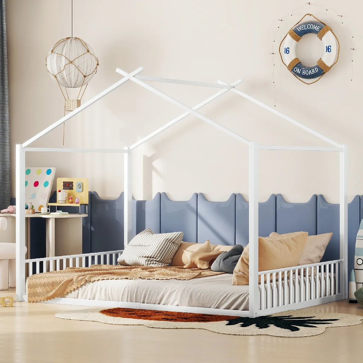 Lit capitonné, 140 x 200cm, sans matelas, lit cadre en fer, lit enfant, bande de maison, blanc