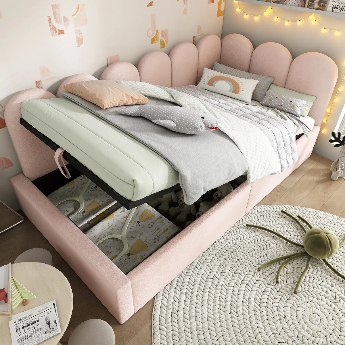 Lit capitonné daybed 90x190cm, canapé-lit avec rangement hydraulique, lit enfant avec lattes métal, velours rose (sans matelas)