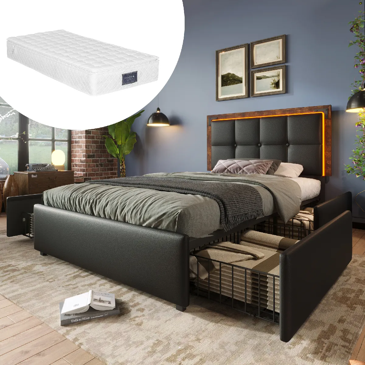 Cadre avec bande LED et 4 tiroirs, lit capitonné simple 90x200cm, tête réglable, lit fonctionnel, PU noir (avec matelas)