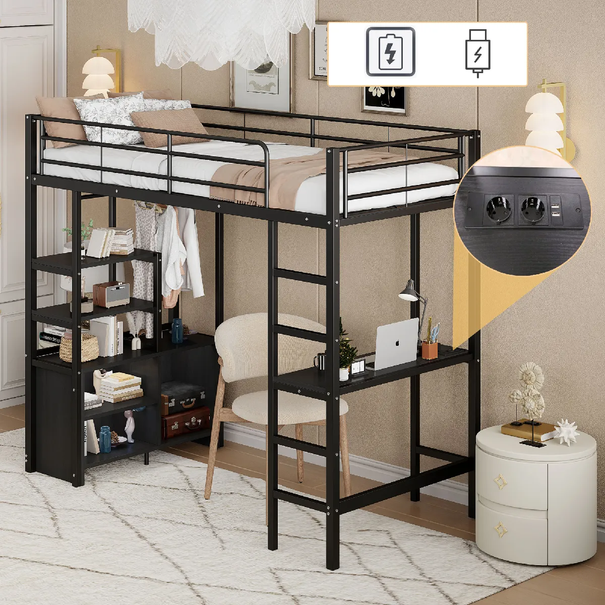 Lit superposé, 90*200cm, sans matelas, lit avec bureau, avec prise et USB, plusieurs étagères, armoire ouverte, barrière, échelle, cadre en fer, noir