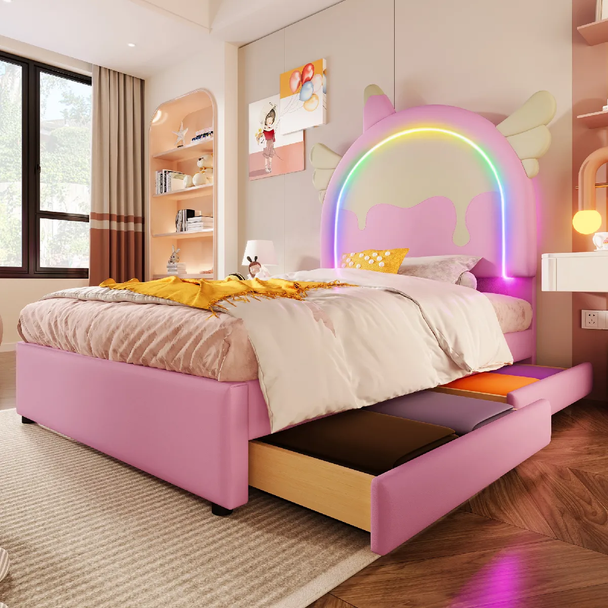 Lit capitonné, 90 x 200 cm, sans matelas, avec bande lumineuse, lit avec 2 tiroirs, forme licorne, PU, rose