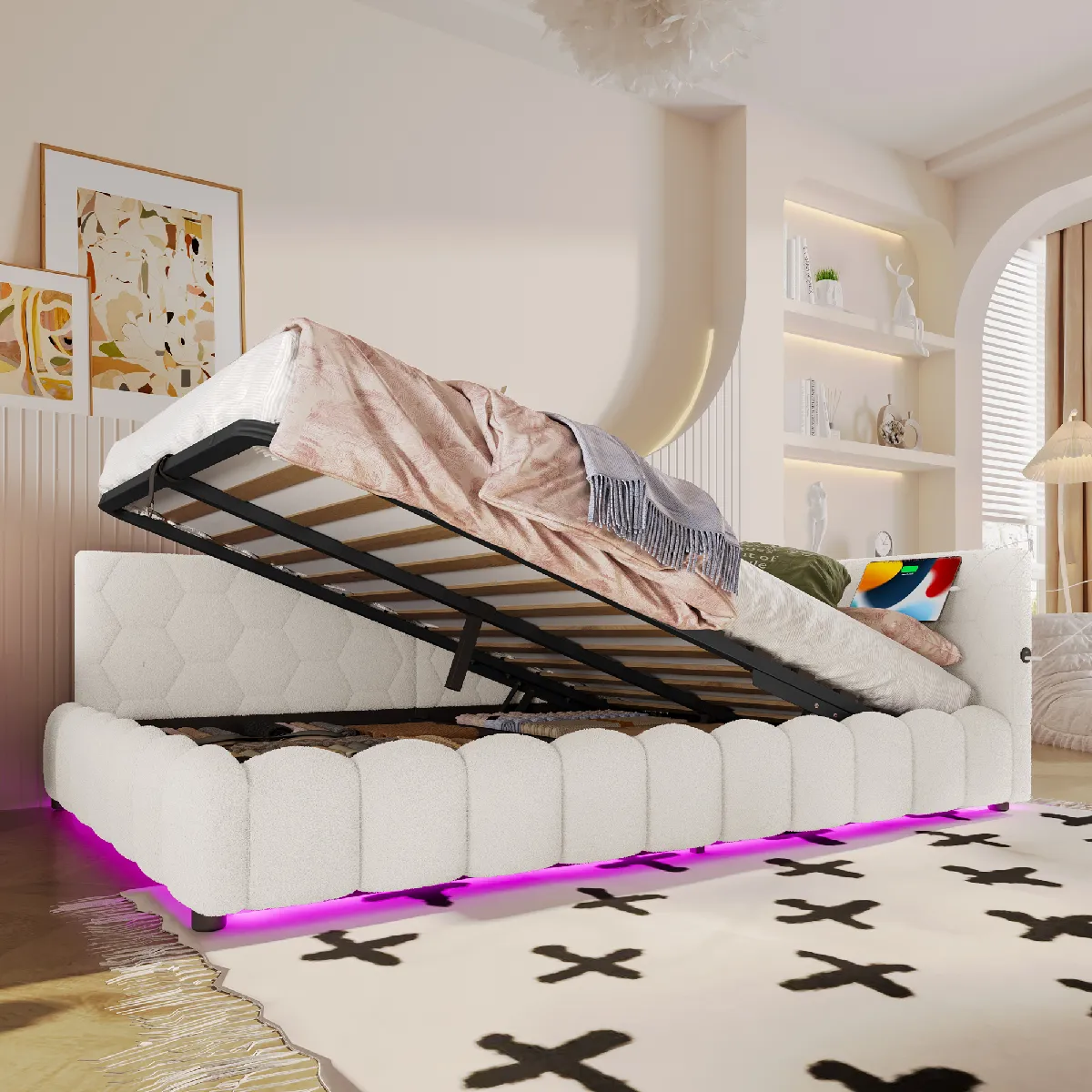 Daybed, 140*200cm lit de jour, canapé-lit, lit avec lattes, avec bande LED, avec mécanisme hydraulique, port USB, Type-C, matériau confort, simili-fourrure, blanc