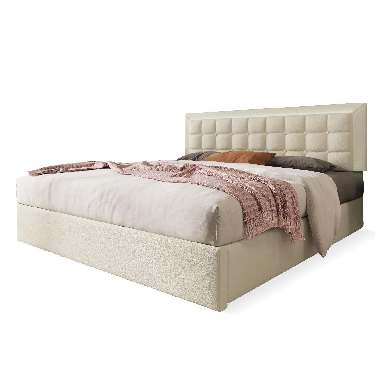 Lit rembourré 180×200 cm en cuir PU blanc avec rangement et LED, sommier à lattes inclus