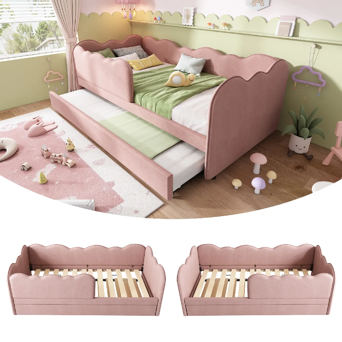 Lit capitonné daybed 90x190cm, canapé-lit avec lit escamotable 90x190cm, lit enfant avec lattes, velours, rose