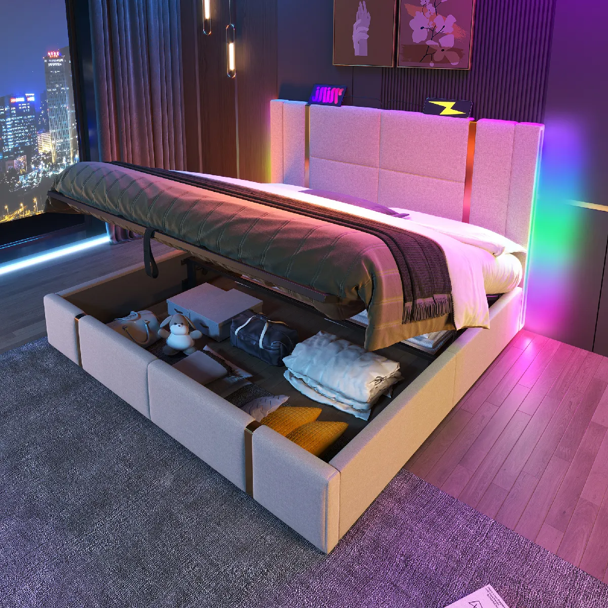 Lit capitonné double USB-C APP-Control LED 140x200 avec rangement, cadre lattes bois, lin beige (sans matelas)