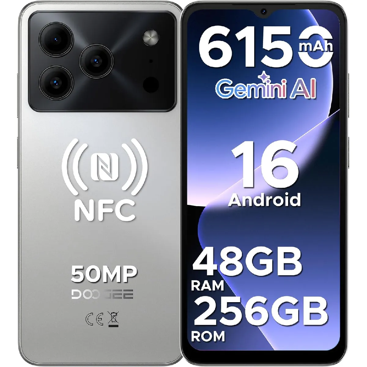 Smartphone DOOGEE NOTE56 Plus 48Go+ Smartphone Pas Cher Android 16 6.56 6150mAh Camera etanche Dual SIM 4GNFCGPS - vue 3
