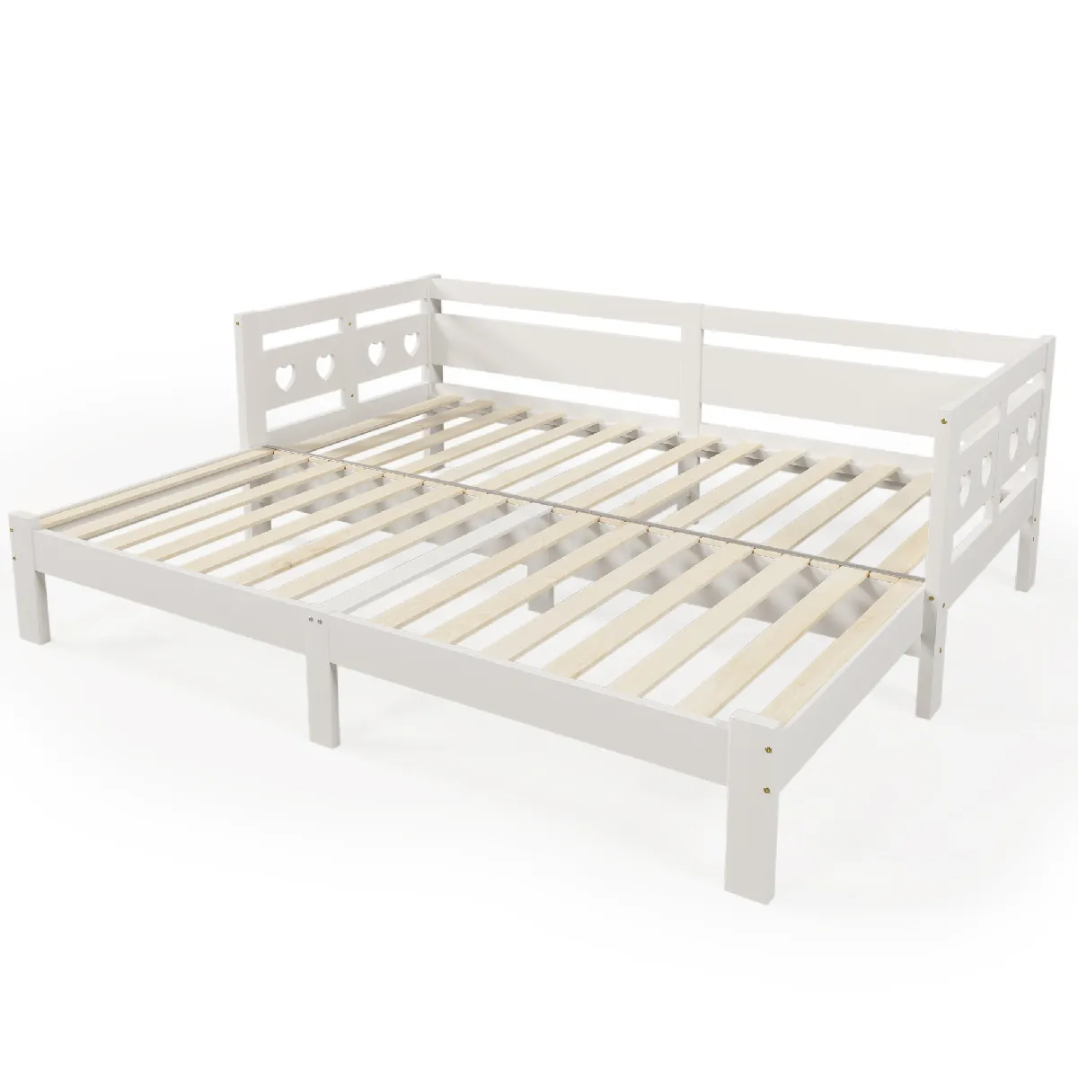 Lit de jour extensible cœur blanc 90~182×200 cm, pin massif + MDF, sommier à lattes